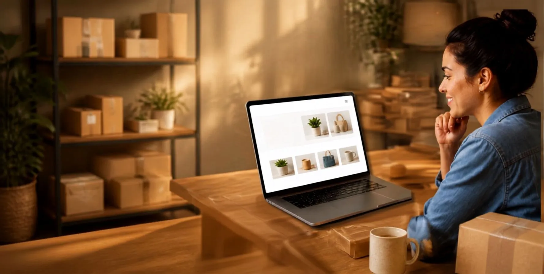 Emprendedora gestionando una tienda online desde una computadora
